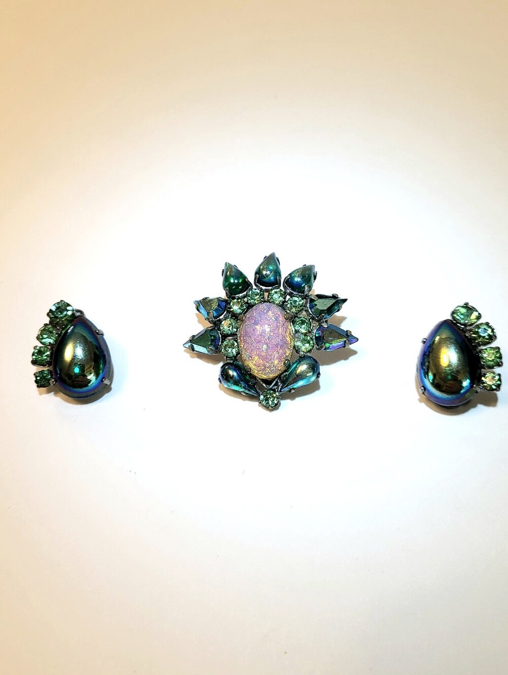 Vintage Aurora Green Floral Statement Brooch and Earring Set